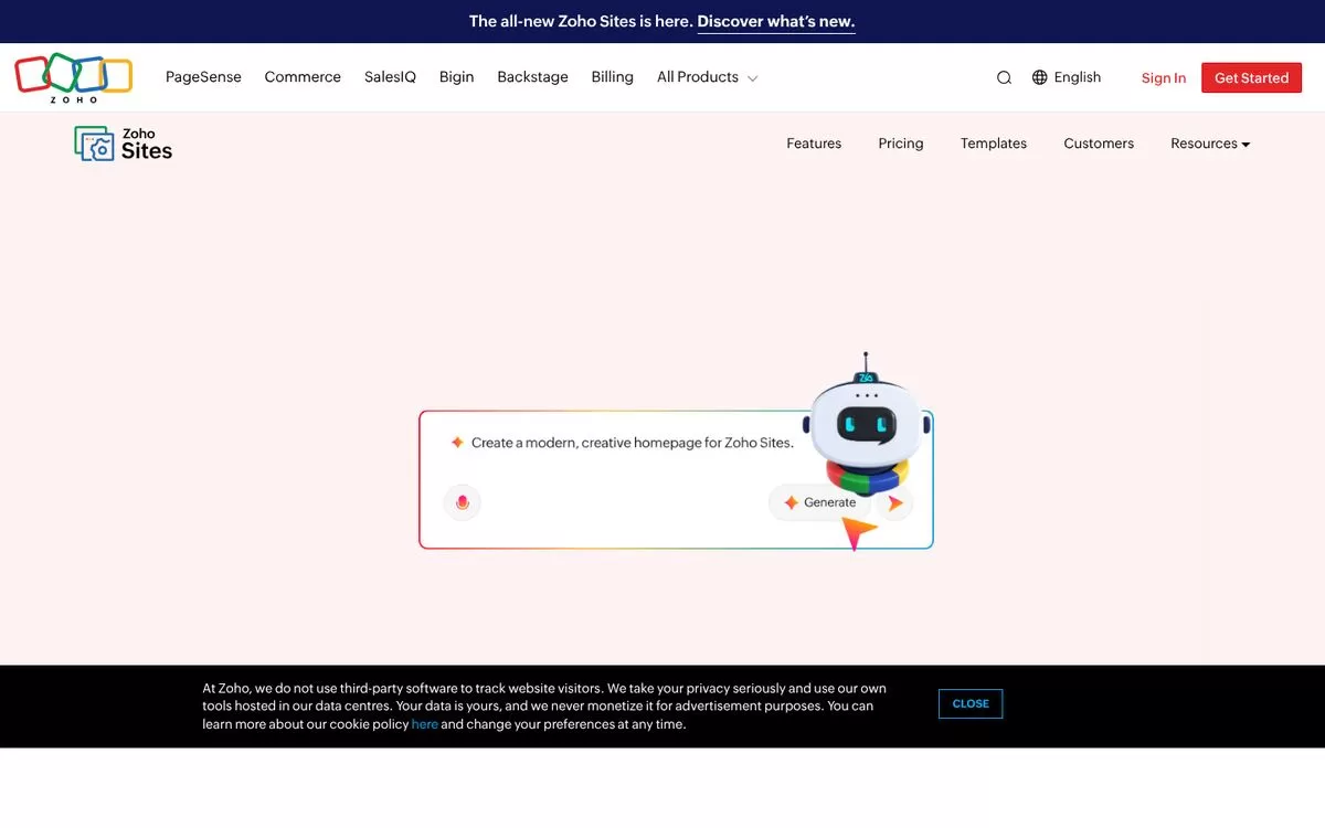 Zoho Sites page showing a prompt box that generates a homepage, one of the best AI website builders