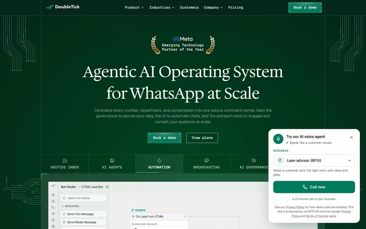 DoubleTick homepage showing an agentic AI system for WhatsApp, one of the best AI WhatsApp marketing tools