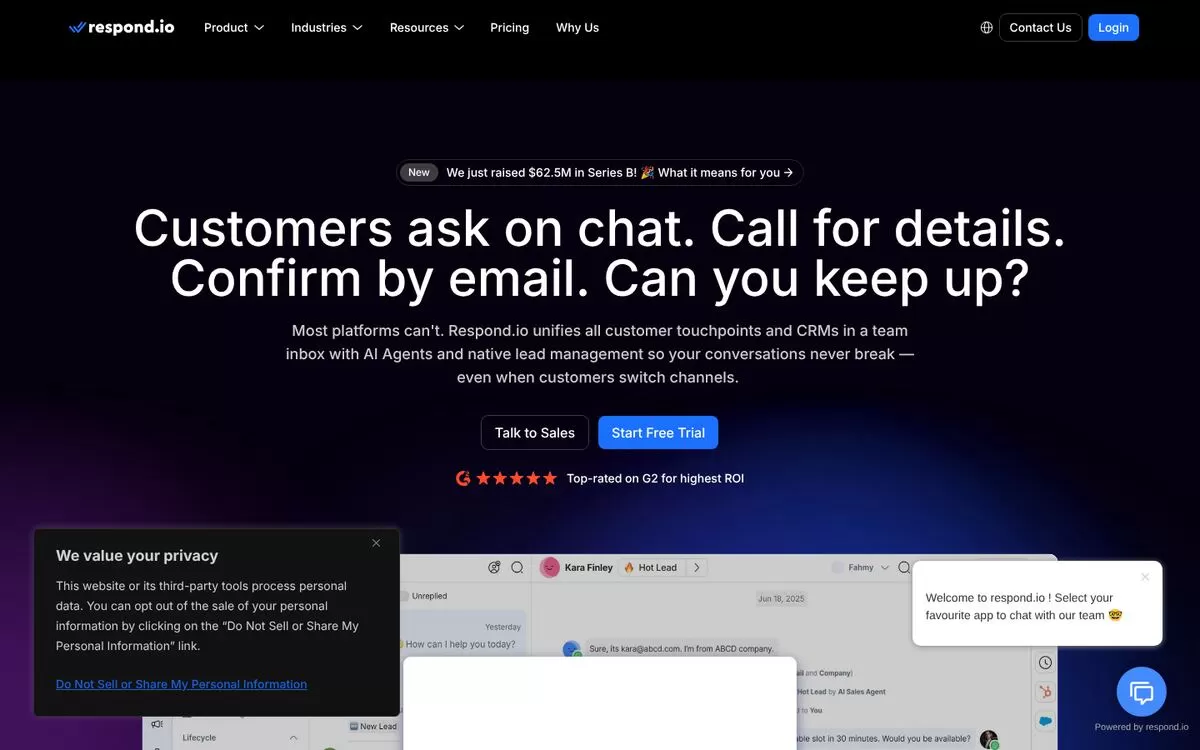 respond.io homepage showing a unified customer inbox with AI Agents, one of the best AI WhatsApp marketing tools