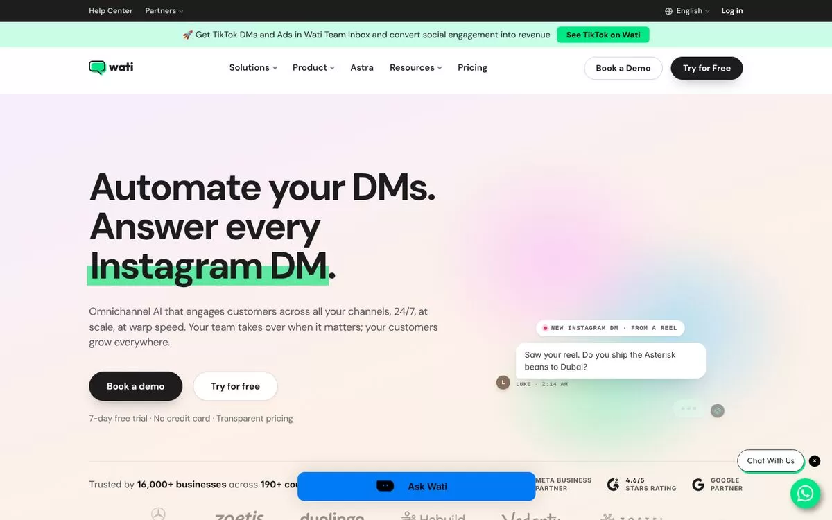 Wati homepage showing AI messaging for customers, one of the best AI WhatsApp marketing tools