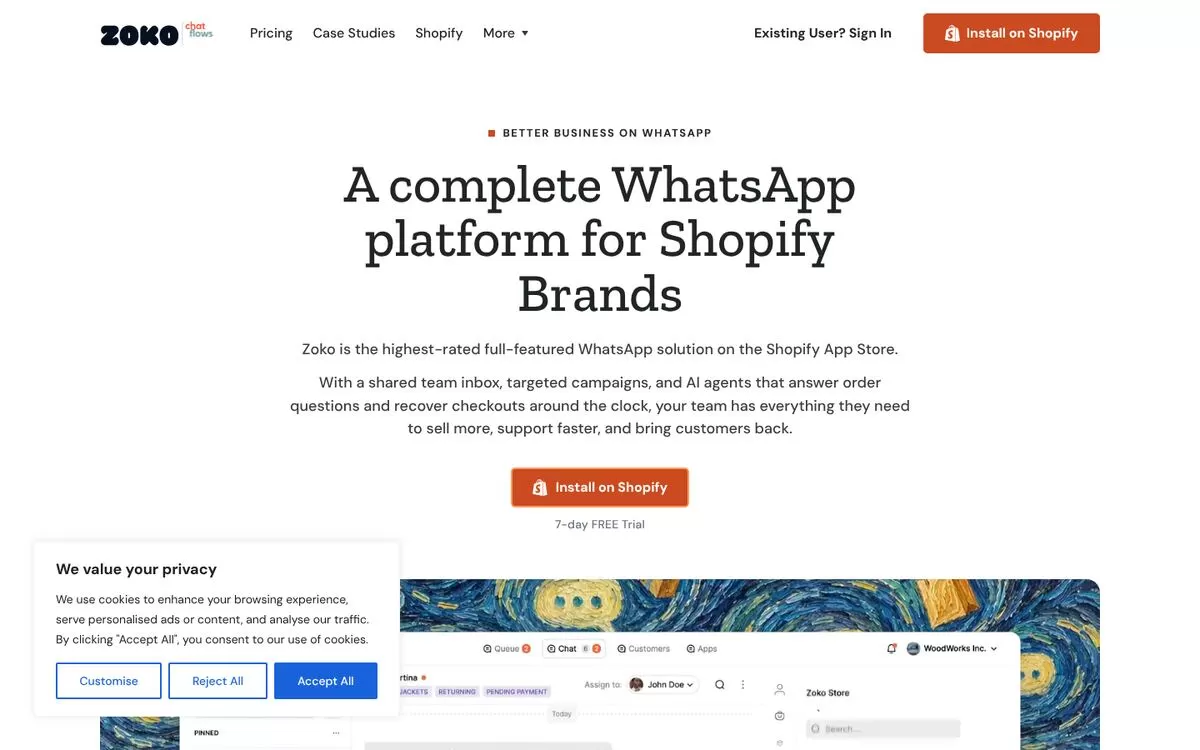 Zoko homepage showing a WhatsApp platform for Shopify brands, one of the best AI WhatsApp marketing tools