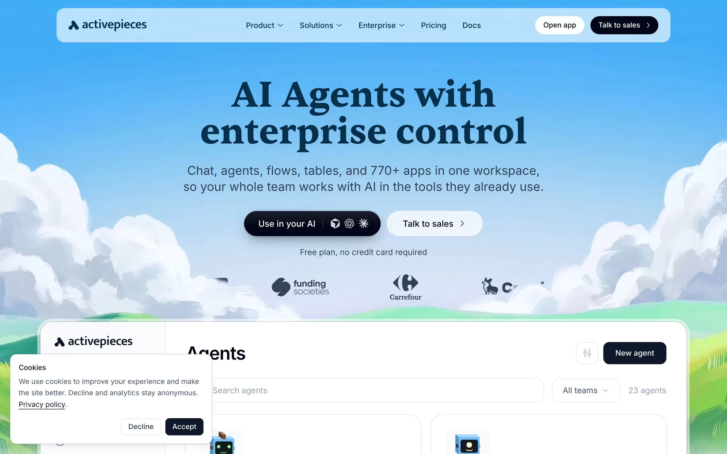 Activepieces homepage showing AI agents with enterprise control, a free AI workflow automation tool, one of the best AI workflow automation tools