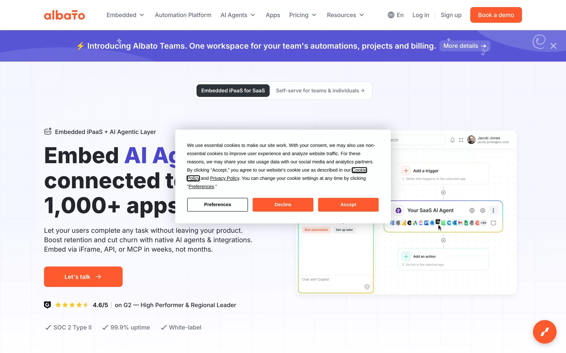 Albato homepage on embedding AI agents and 1,000+ app integrations, an AI workflow automation tool for SaaS, one of the best AI workflow automation tools