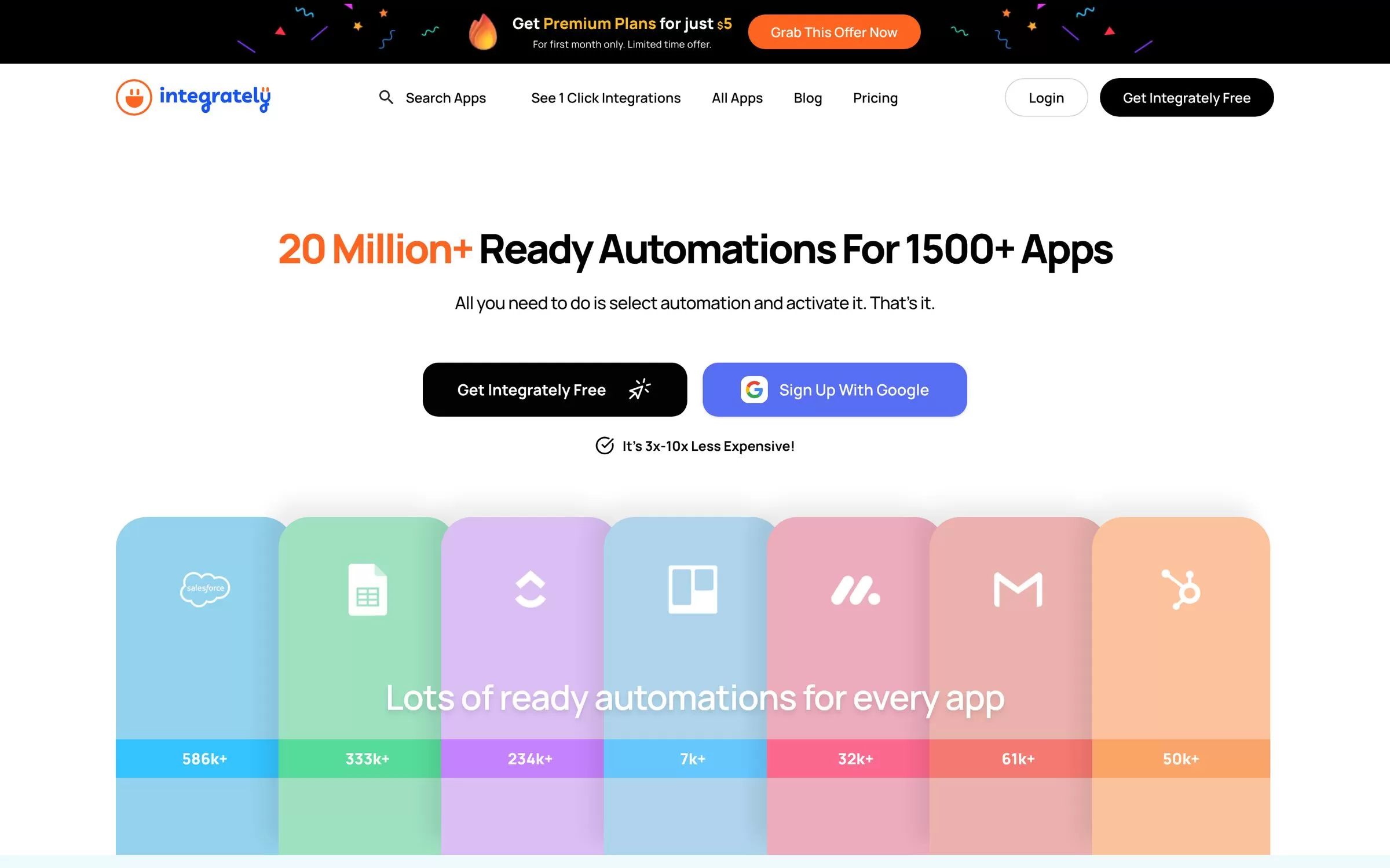 Integrately homepage with 20 million+ ready automations for 1,500+ apps, a beginner AI workflow automation tool, one of the best AI workflow automation tools