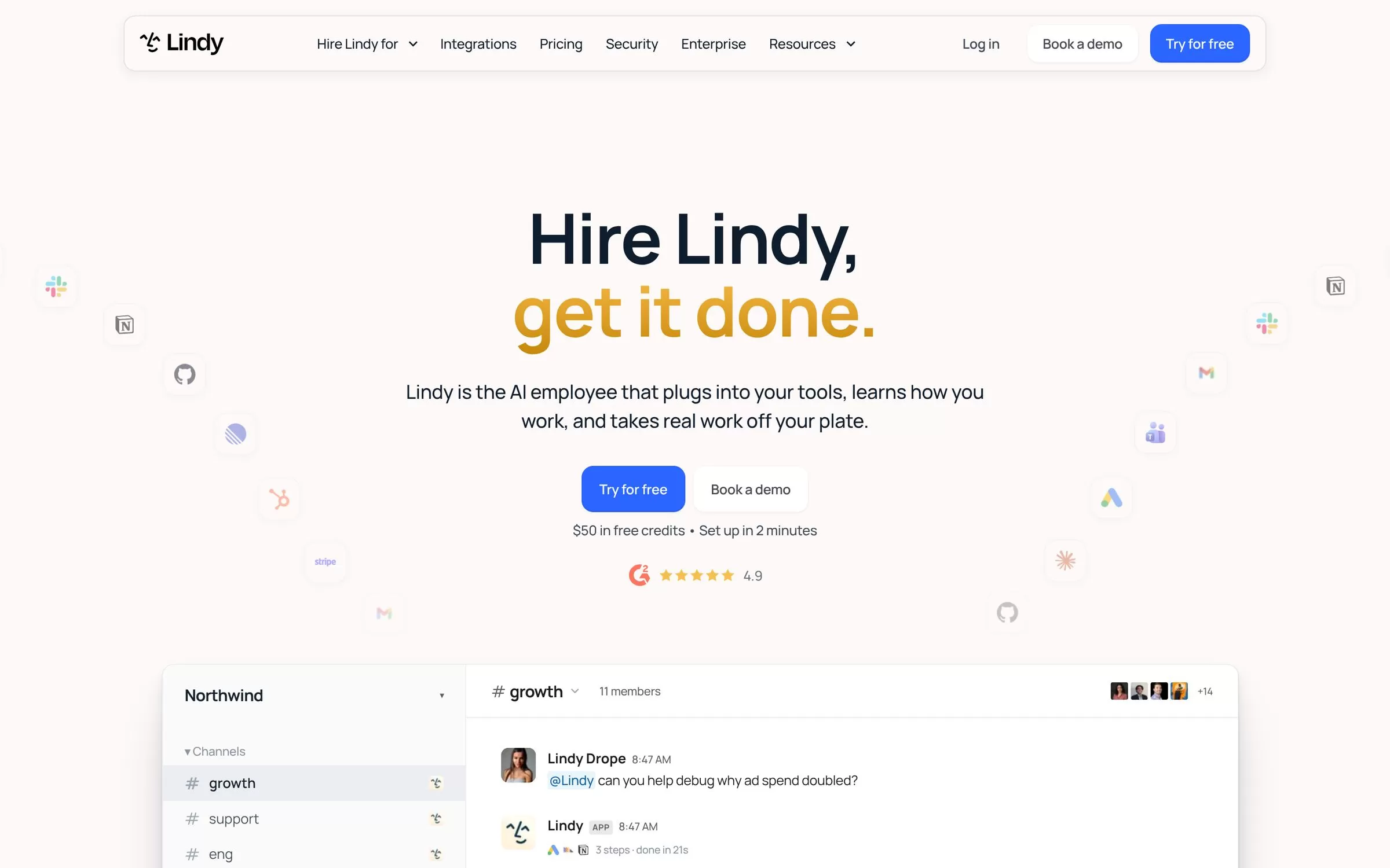 Lindy homepage promising an AI employee that plugs into your tools, an AI workflow automation tool for assistants, one of the best AI workflow automation tools