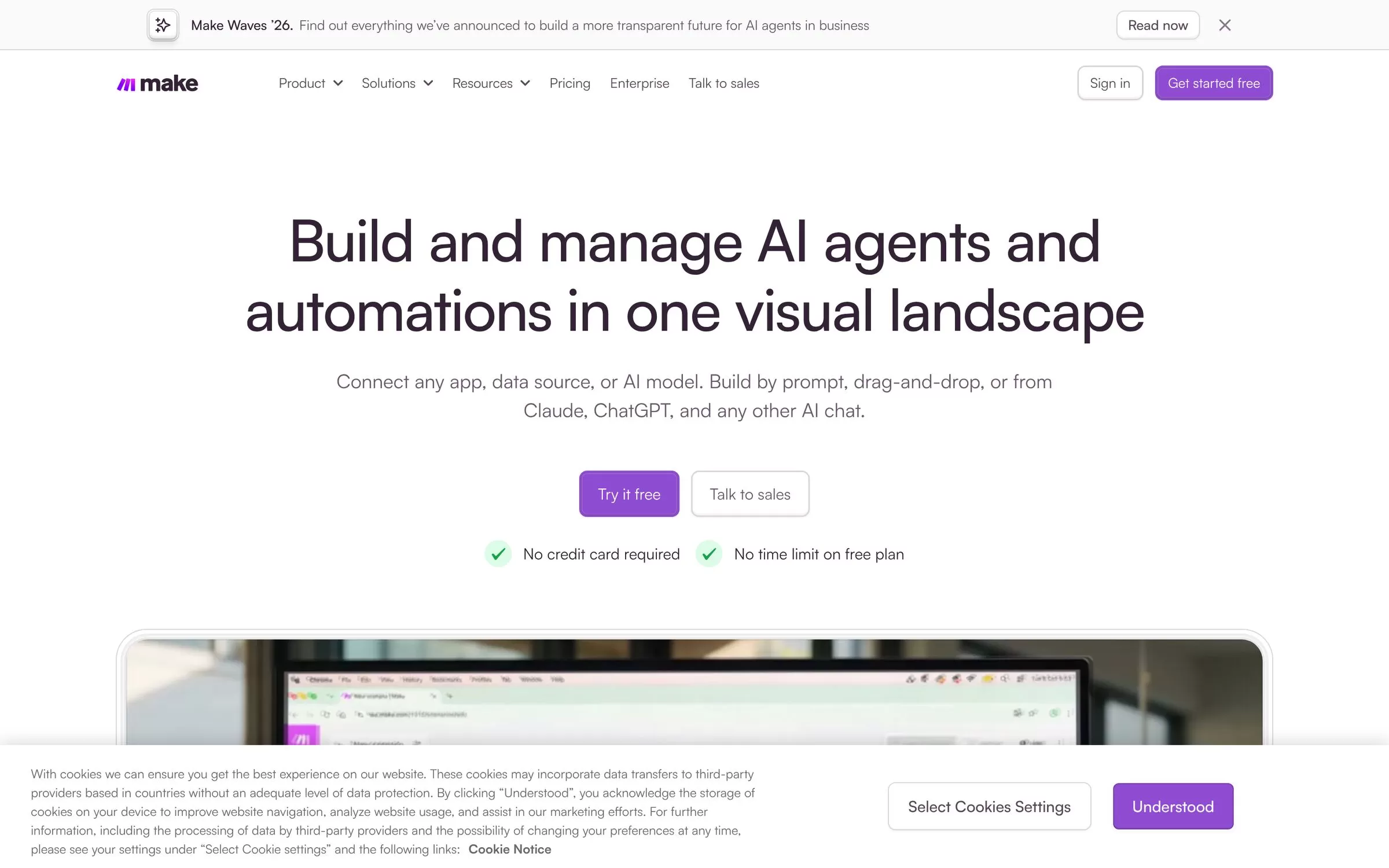 Make homepage showing a visual builder for AI agents and automations, a top AI workflow automation tool, one of the best AI workflow automation tools