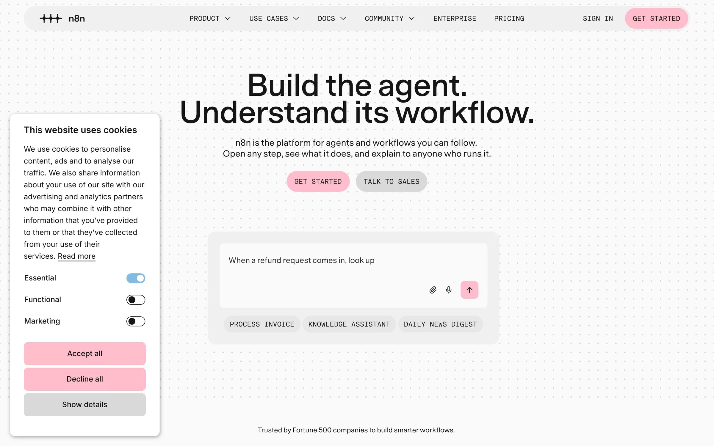 n8n homepage for building AI agents and workflows, a self-hostable AI workflow automation tool, one of the best AI workflow automation tools