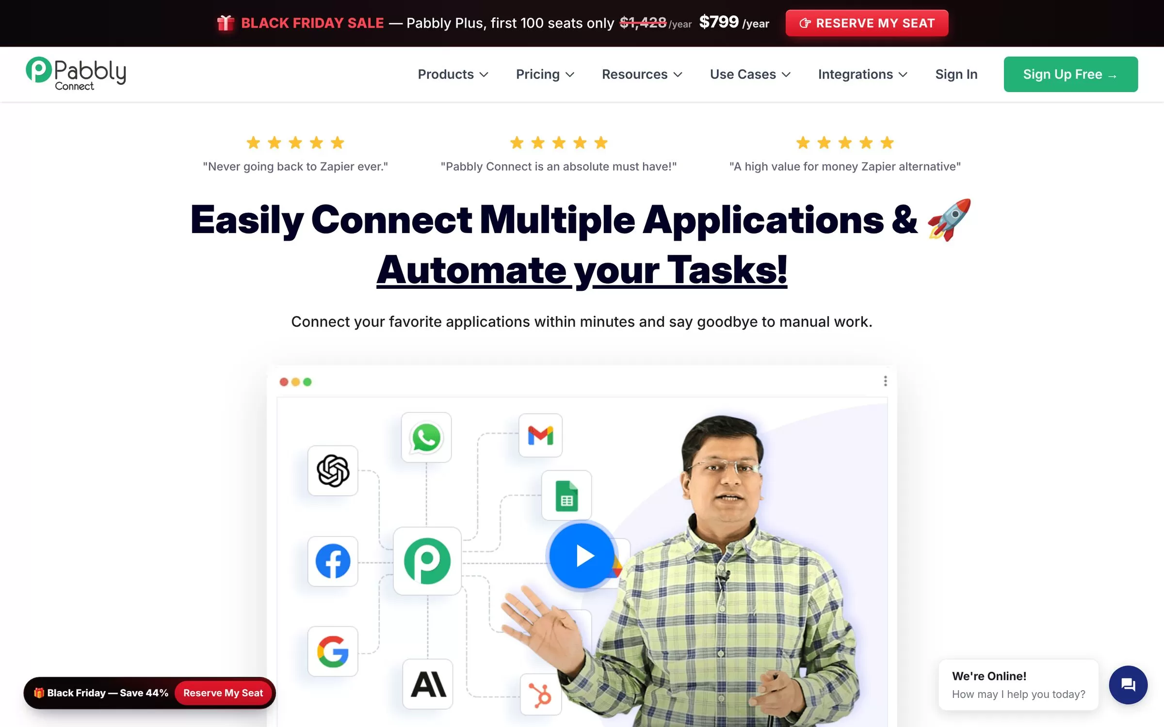 Pabbly Connect homepage on connecting multiple apps and automating tasks, an India friendly AI workflow automation tool, one of the best AI workflow automation tools
