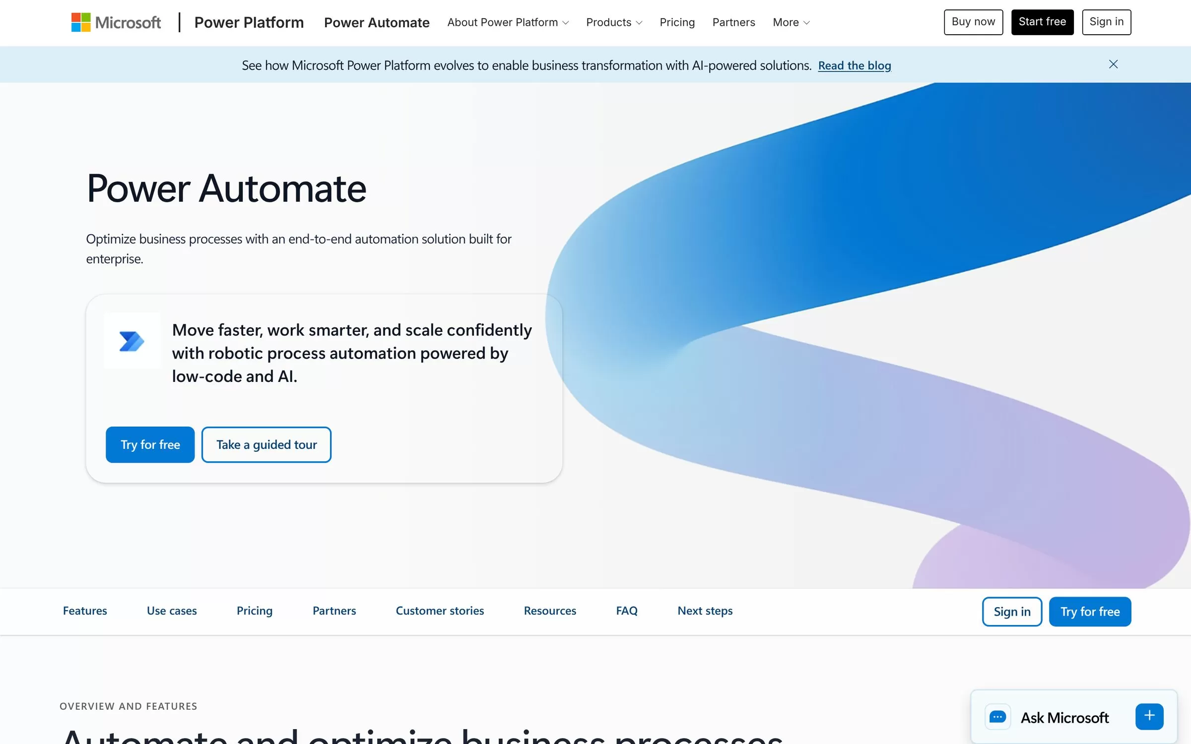 Power Automate homepage on automating business processes with low-code and AI, one of the AI workflow automation tools for Microsoft teams