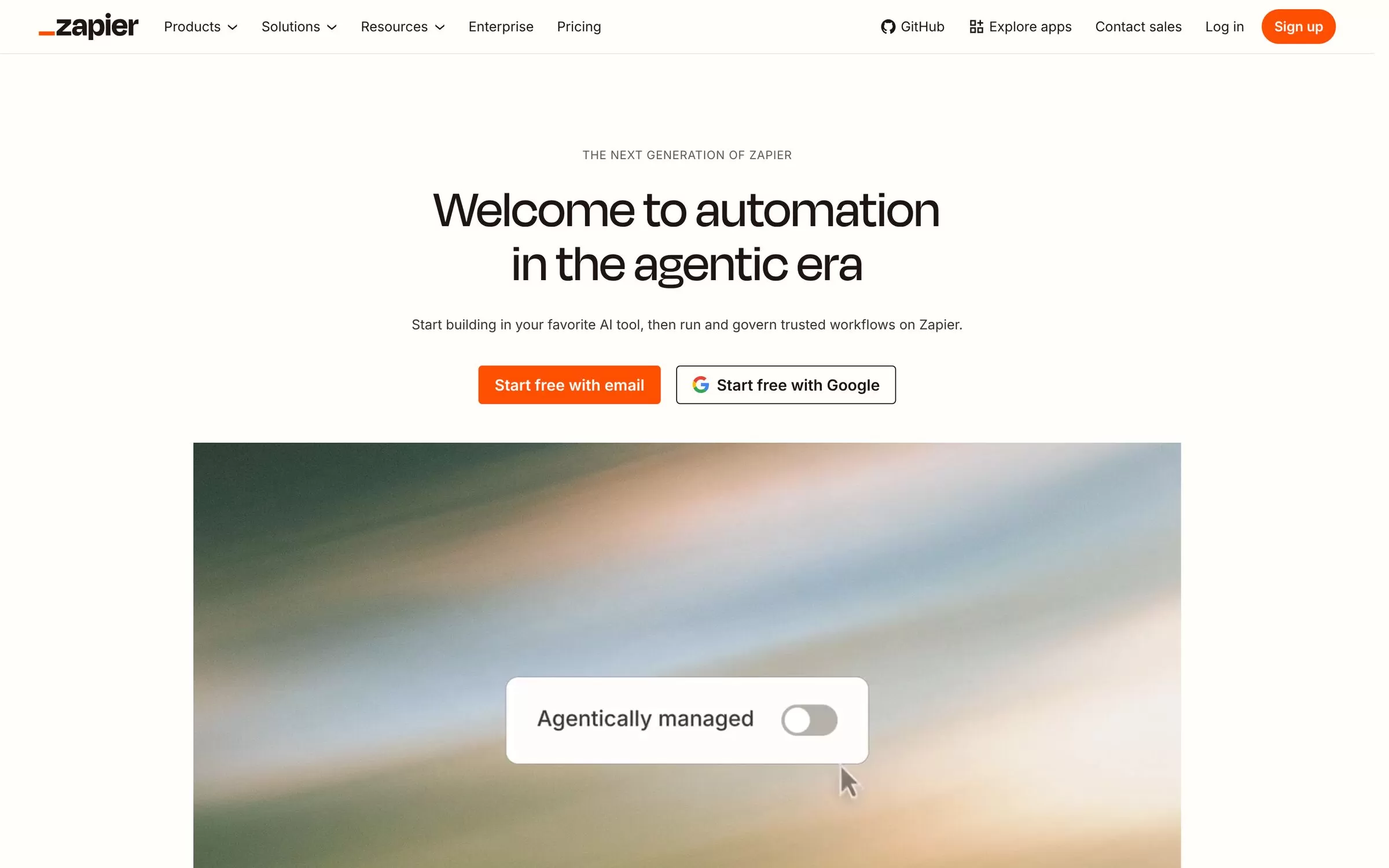Zapier homepage on building AI workflows, agents and apps, one of the best AI workflow automation tools