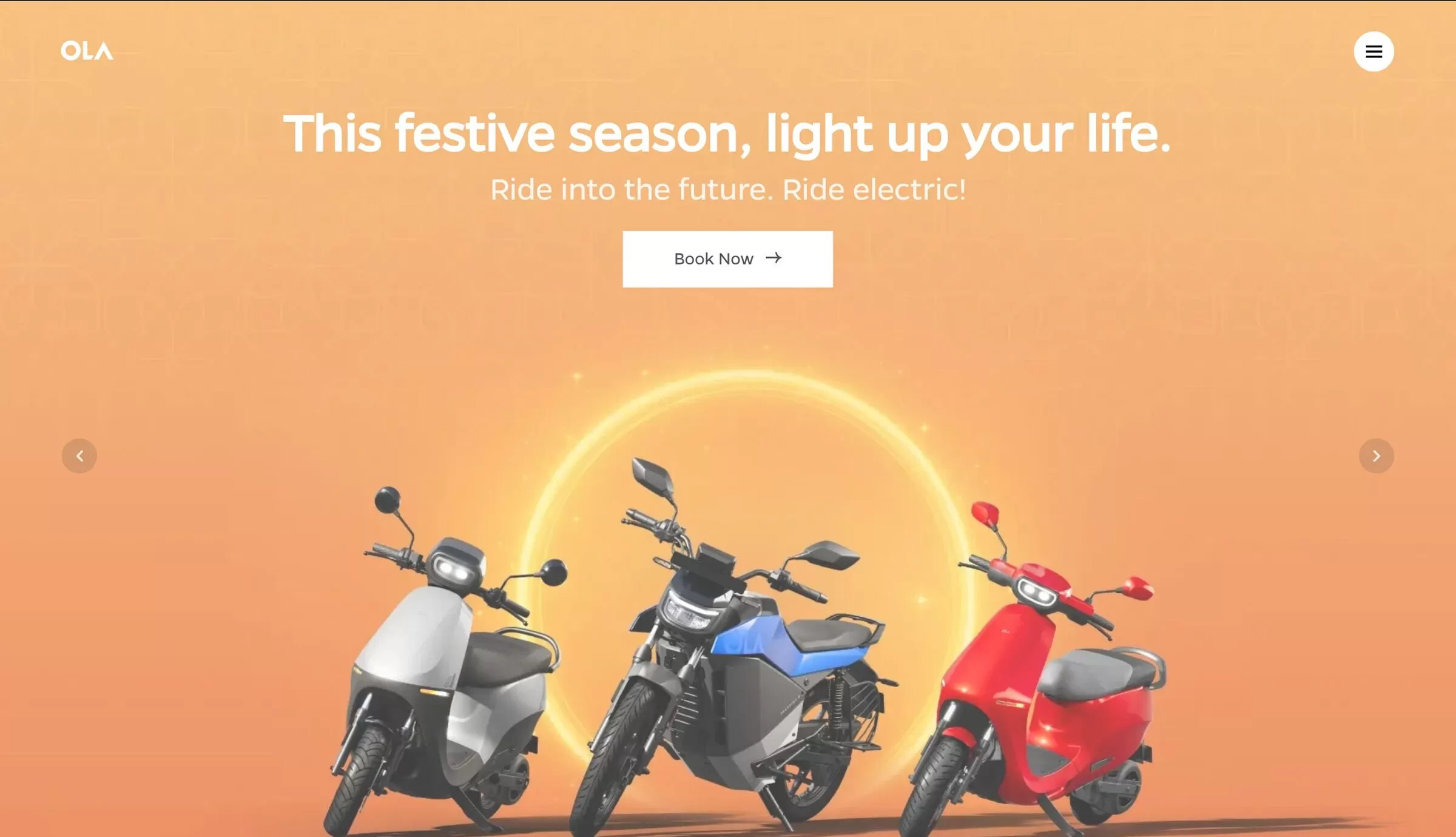 Ola Electric website home page showing scooters and a motorcycle, one of the best Ola business model