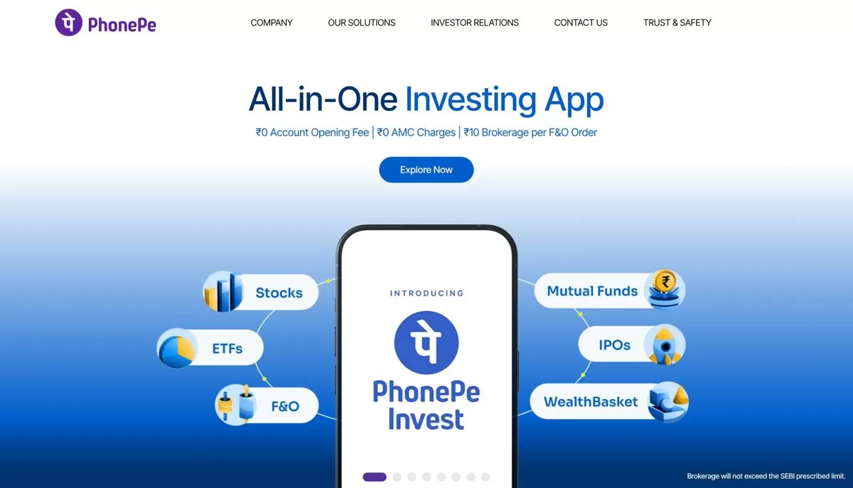PhonePe website showing the PhonePe Invest app, one of the best PhonePe business model