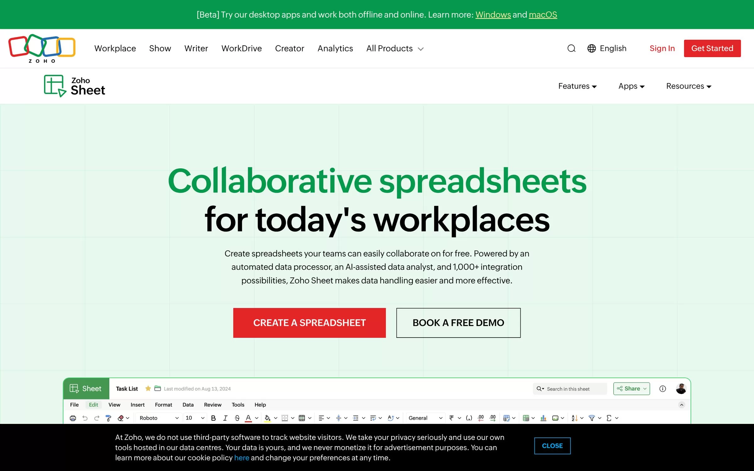 Zoho Sheet website